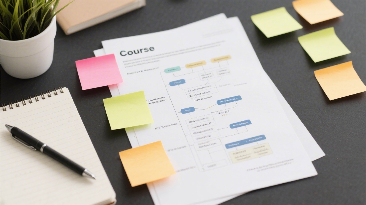 Printed course outline and sticky notes arranged beside a notebook and pen, representing structured learning and project planning.