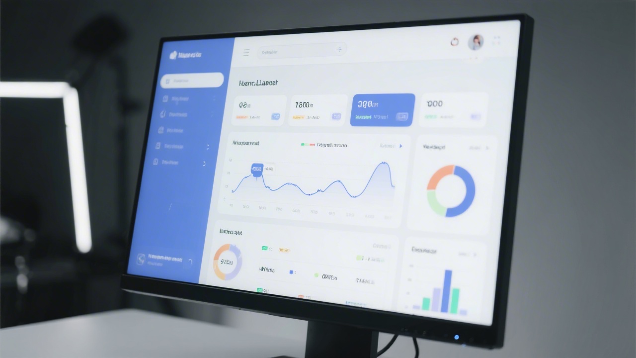 High-resolution close-up of a modern dashboard interface with structured cards, charts, and clear typography, shown on a large monitor in a studio setting.
