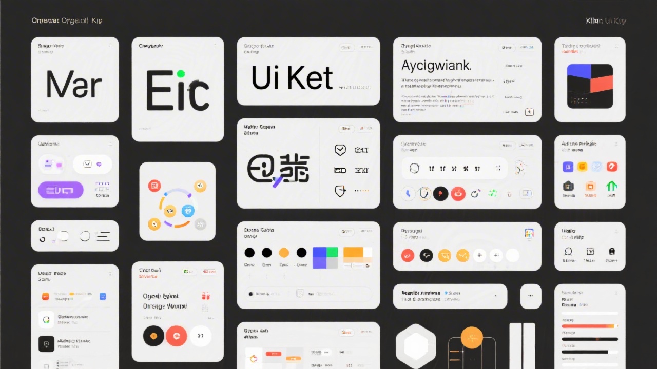 Organized UI kit with buttons, form fields, and typography styles laid out in a grid, shown on a laptop screen with a minimalist workspace background.