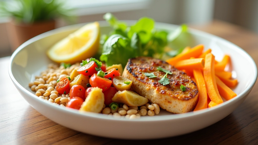Healthy meal on plate with vegetables and protein, close-up showing food details and colors