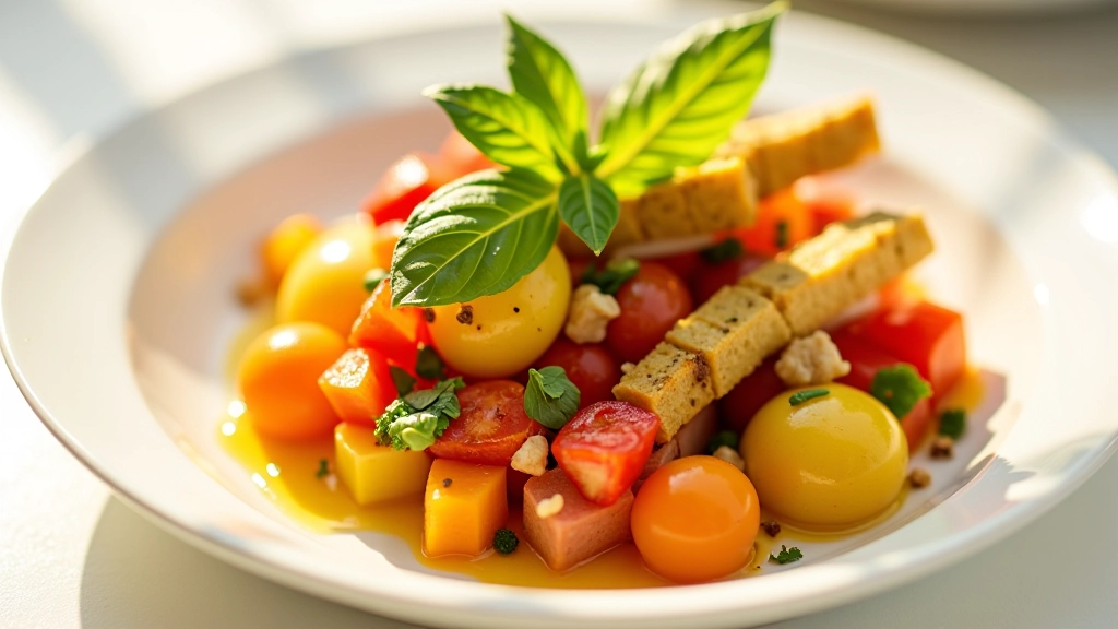 Close-up of colorful meal with various textures, herbs and vegetables, warm lighting, shallow depth, appetizing presentation