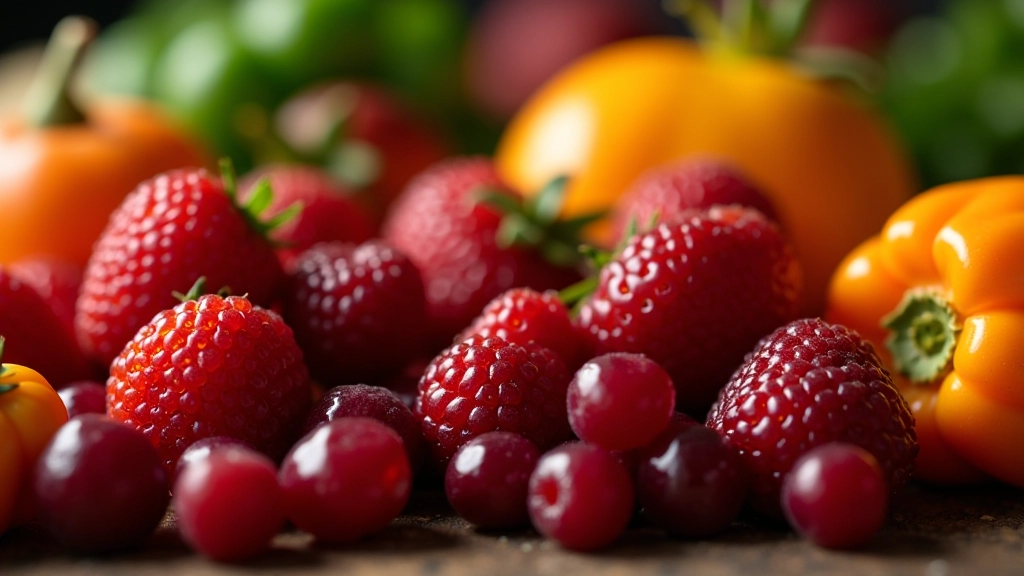 Close-up of different food textures and colors, fresh produce with varied surfaces showing taste and texture variety