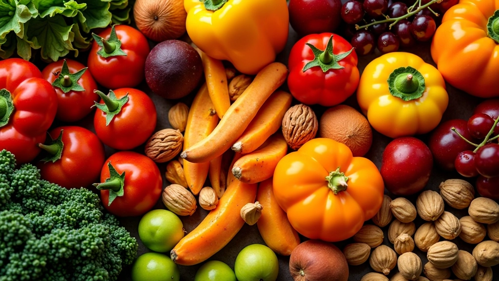 Close-up of different food textures and colors, fresh vegetables and whole foods arranged together showing variety