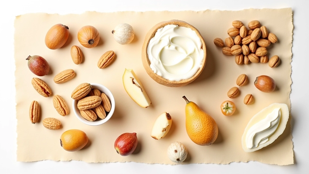 Different food textures displayed, crunchy nuts, soft fruit, creamy yogurt, variety of foods showing texture contrasts