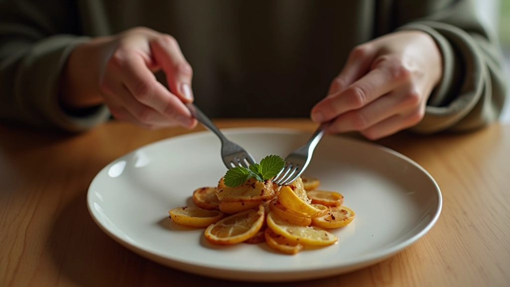 Hands holding fork and spoon over meal, mindful eating posture, natural table setting, peaceful dining scene