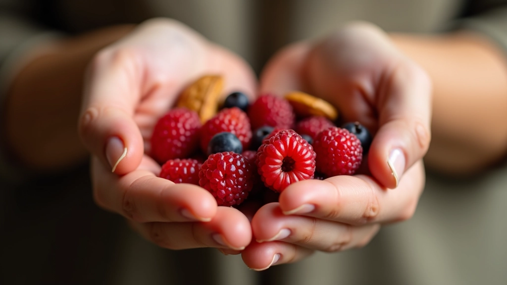 Close-up of hands holding food mindfully, examining texture and color