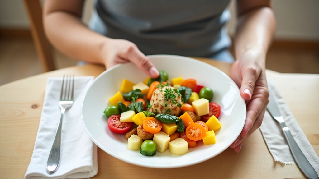 Close-up of hands holding fork over colorful plate with mixed vegetables and grain, focused eating moment, natural table setting