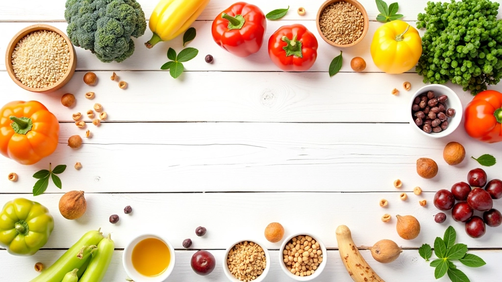 Overhead view of different whole foods arranged on light table, showing variety of colors and textures