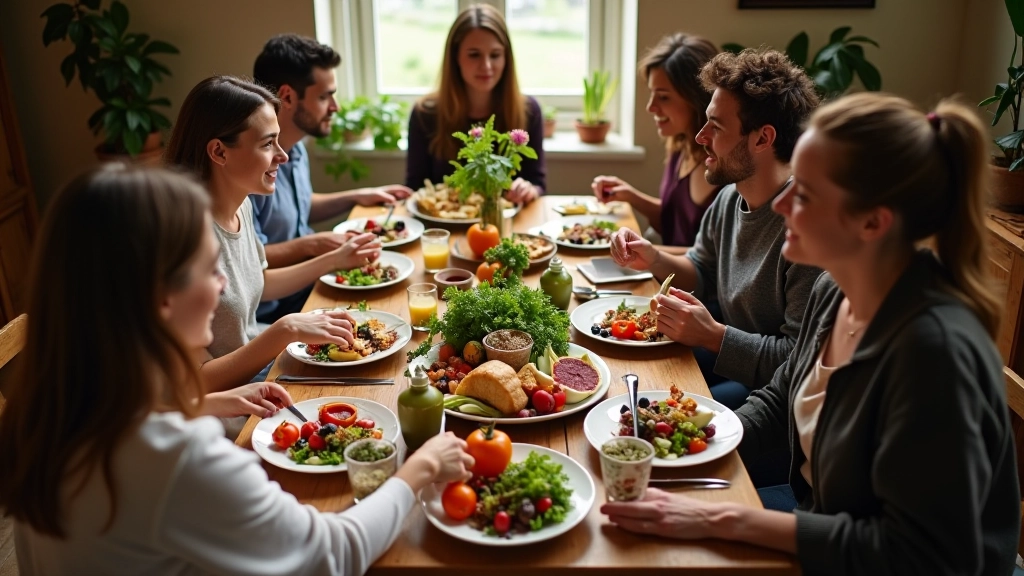 Group participating in a mindful eating workshop with shared meal
