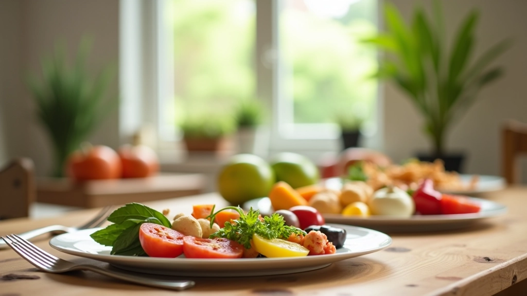 Peaceful dining table with fresh food, natural light, wooden table setting with mindful eating environment