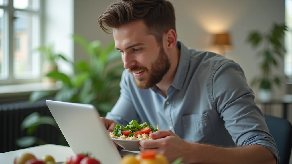 Person eating lunch at desk while working on laptop, showing distracted eating habits