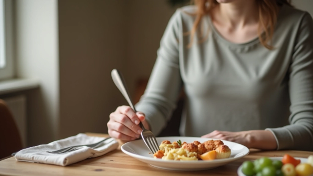Person sitting calmly at table with fork and plate, focused on meal, peaceful expression during eating
