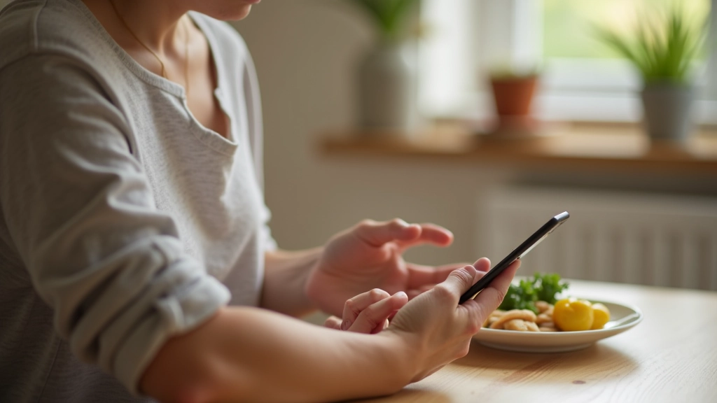 Person checking phone with meal on table in background, temptation and distraction moment