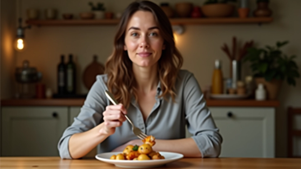 Person sitting peacefully at wooden table during mindful meal, fork in hand, focused expression