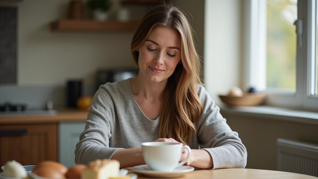 Person sitting quietly with tea cup, moment of pause and reflection before reaching for snacks, calm indoor setting