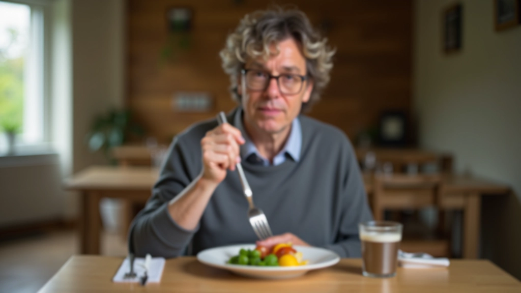 Person pausing during meal, hand on stomach, thoughtful expression, seated at dining table with food