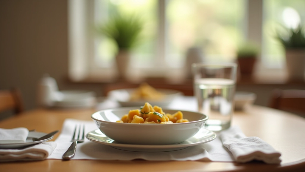 Peaceful mealtime setting with person seated at table, no distractions visible, focused eating environment