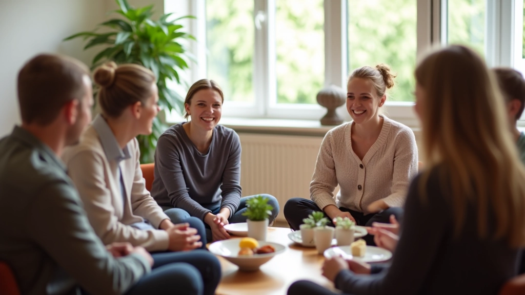 Small group of adults in a circle during a mindful eating workshop, engaged and listening