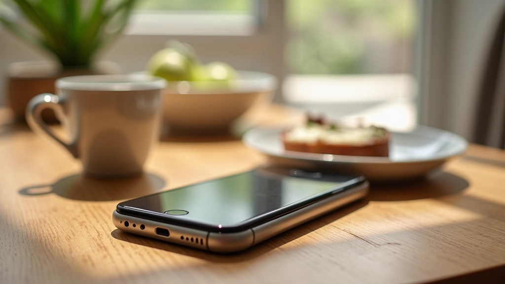 Smartphone on dining table next to plate of food, distracted eating concept, natural kitchen setting