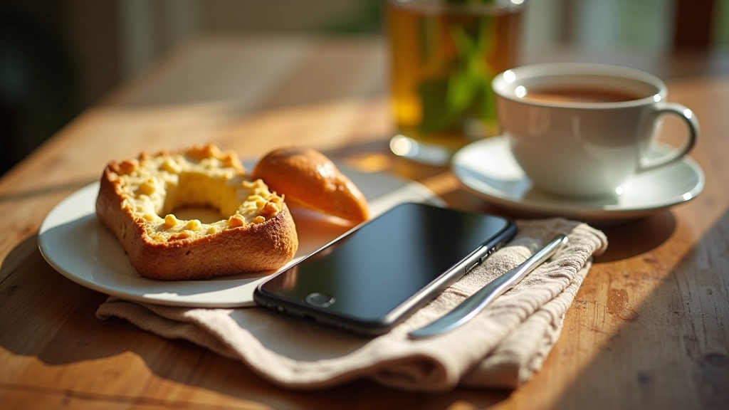 Smartphone on table next to plate of food, distracted eating example showing screen and meal together