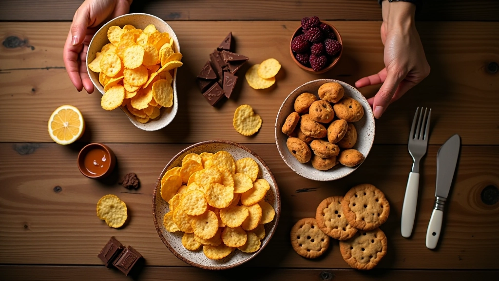 Close-up of stress eating patterns, hand reaching toward various comfort snacks on table, indoor lighting