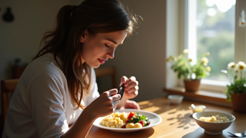 Woman seated at table eating meal mindfully with full attention, calm peaceful mealtime