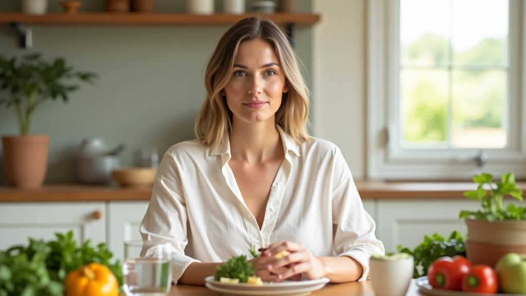 Woman practicing mindful eating at a peaceful table with fresh food