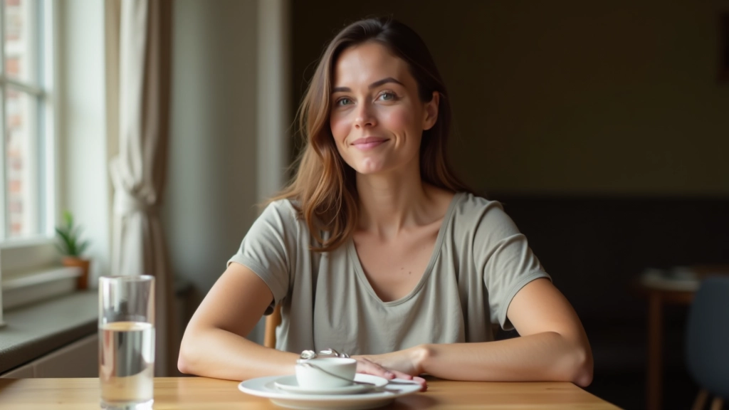 Woman at dining table with glass of water, fresh vegetables and plate, natural lighting, peaceful meal setting