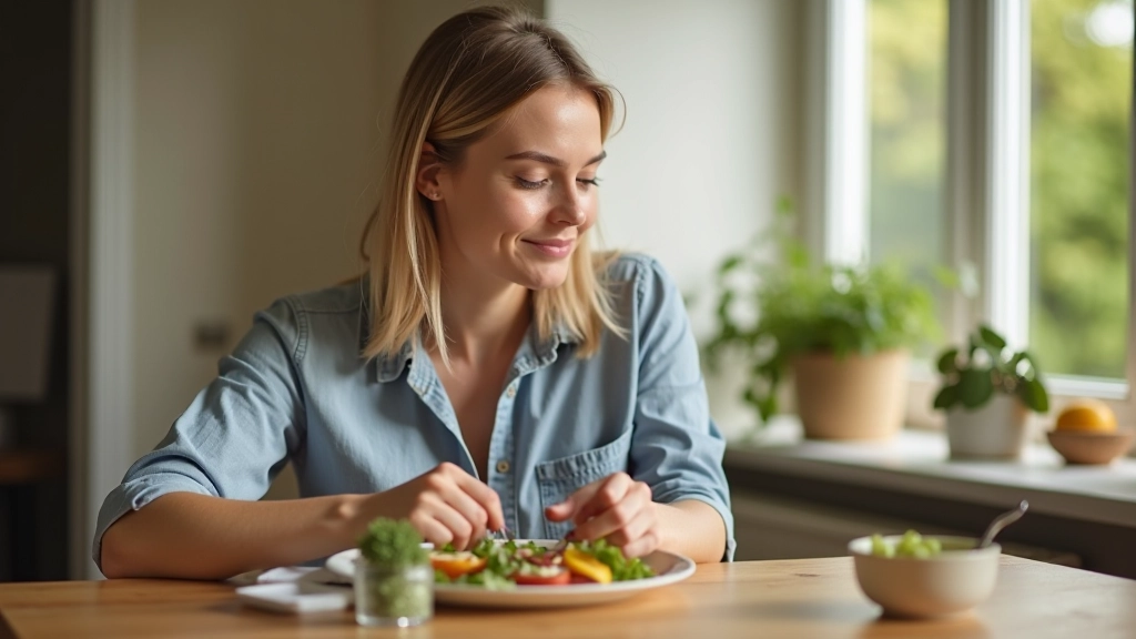 Person mindfully eating at table, focused on meal, natural lighting, calm atmosphere