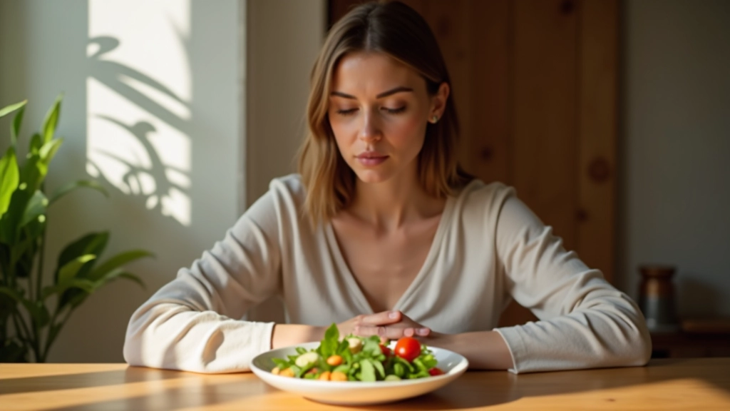 Woman eating slowly at a table with a plate of healthy food, looking peaceful and focused