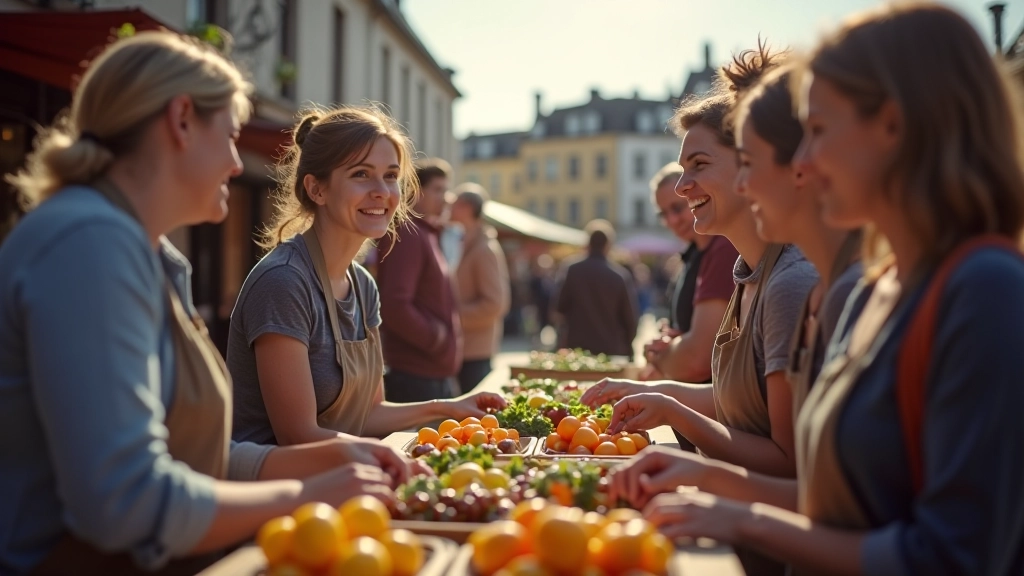 Volunteers at a community market stall, engaged with visitors