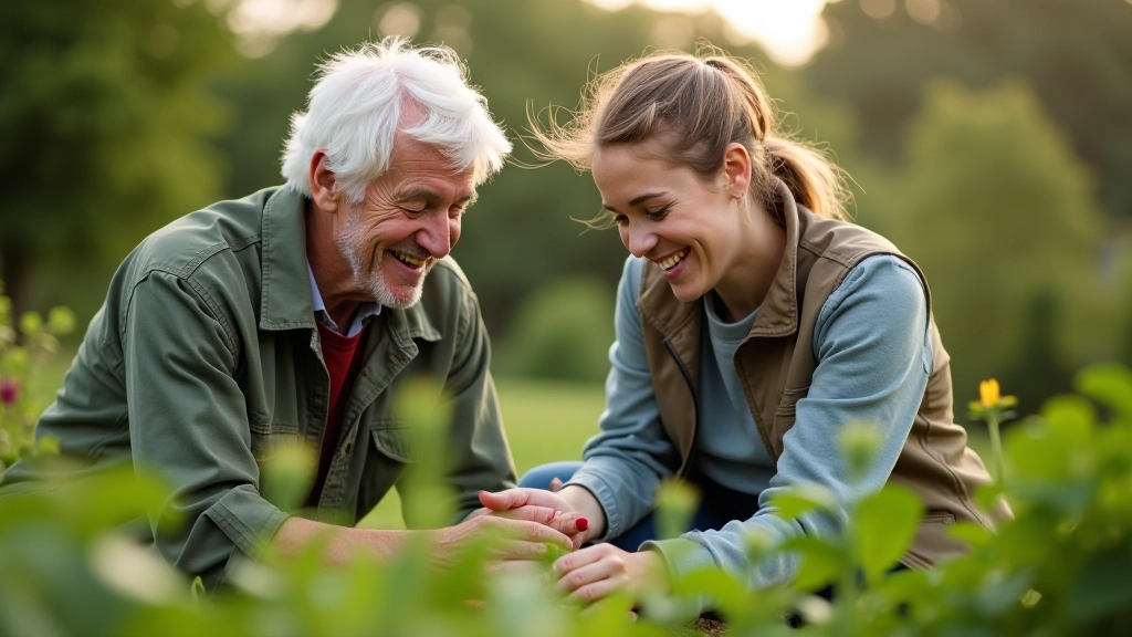 Older adult and younger volunteer laughing together while gardening