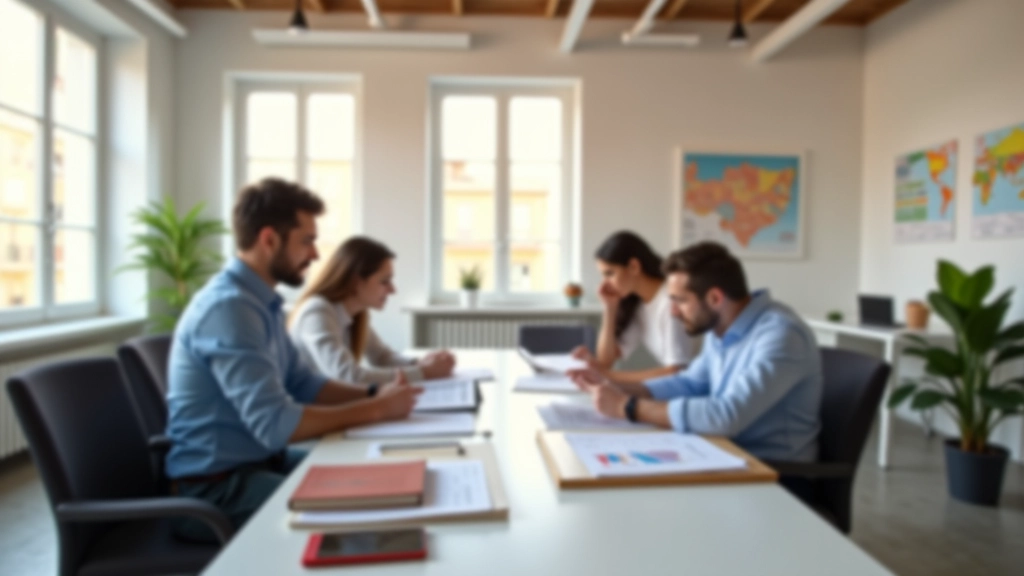 Oficina profesional de acceso a vivienda protegida con documentación y mapas