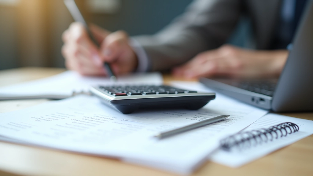 Kalkulačka, papír s vzorci a finanční kalkulace, pracovní stůl s perem a poznámkami