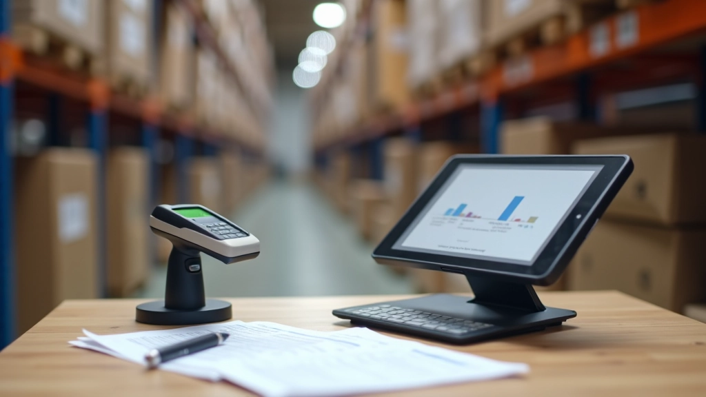 Moderní sklad s čtecím zařízením na čárové kódy, tabletami a digitálními váhami