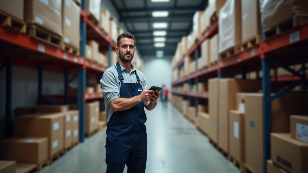 Moderní skladiště s regály plnými zásob, pracovník kontroluje inventuru