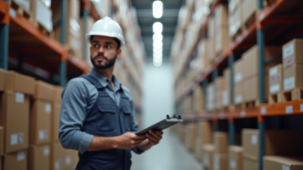 Skladiště s regály plnými zásob, pracovník kontroluje inventuru se schránkou