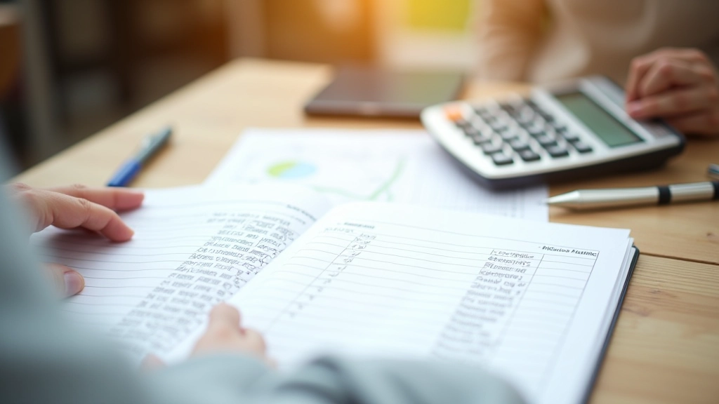 Deník účetnictví otevřený na stole s kalkulačkou a tužkou, písemné poznámky o zásobách