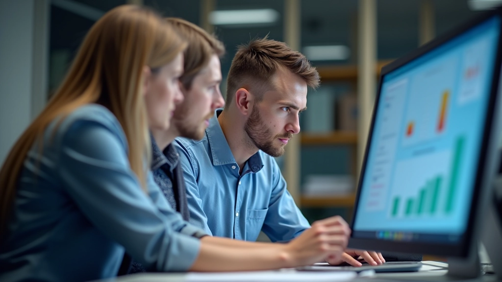 Tým pracovníků sedí u počítače a učí se nový software pro skladové záznamy