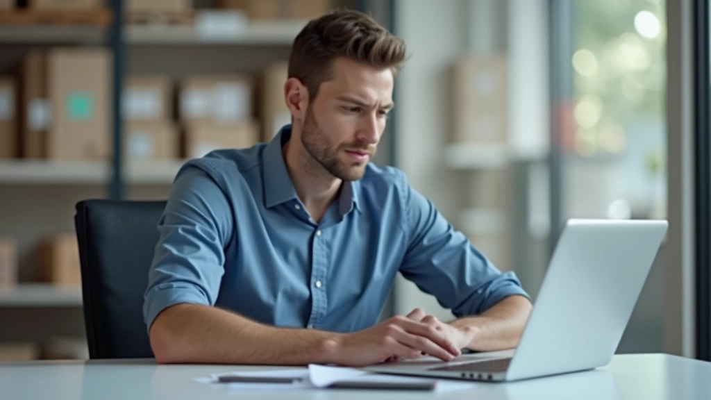 Zaměstnanec skladu sedící u počítače s tabulkou účetnictví, ruka na čele v gesto zmatení