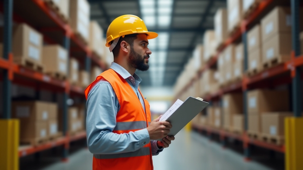 Zaměstnanec s přichytávačem držící seznam položek během fyzické inventury v moderním skladě
